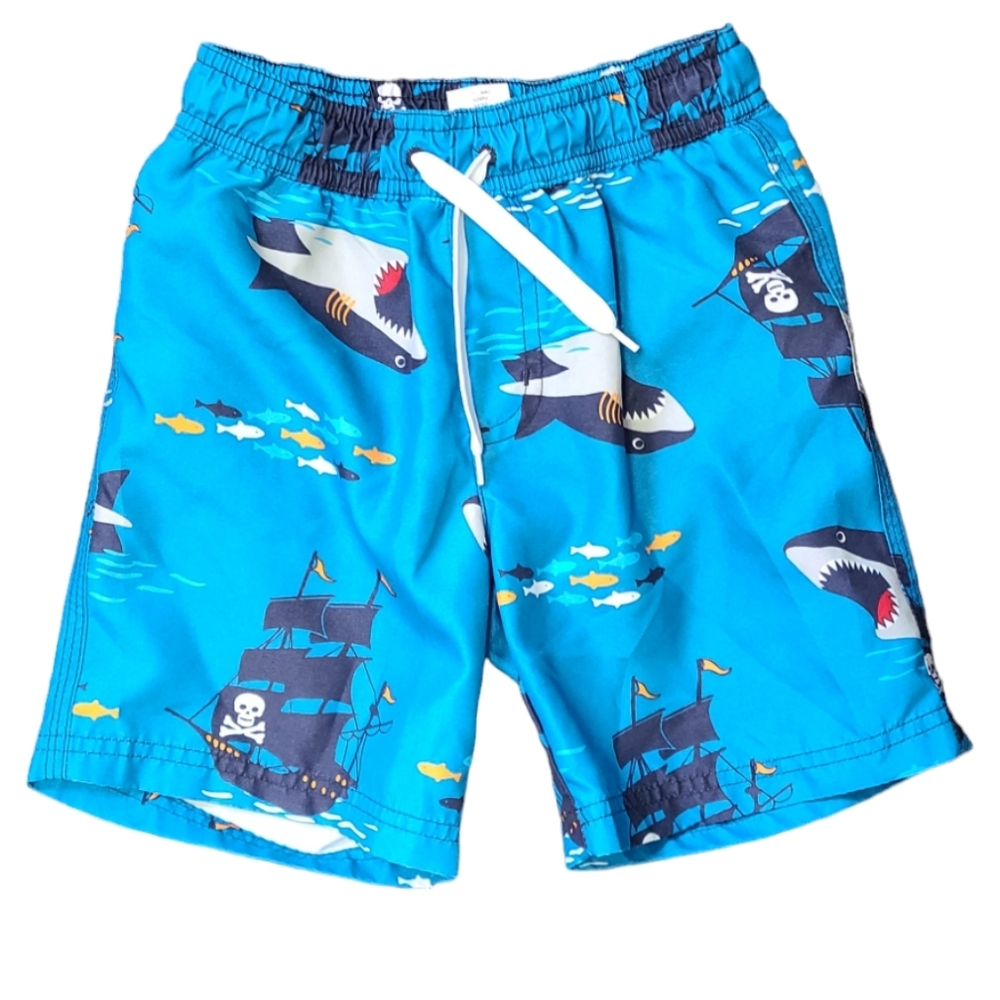 Gymboree swim trunks sharks and pirate ships boys Size 4 Blue euc